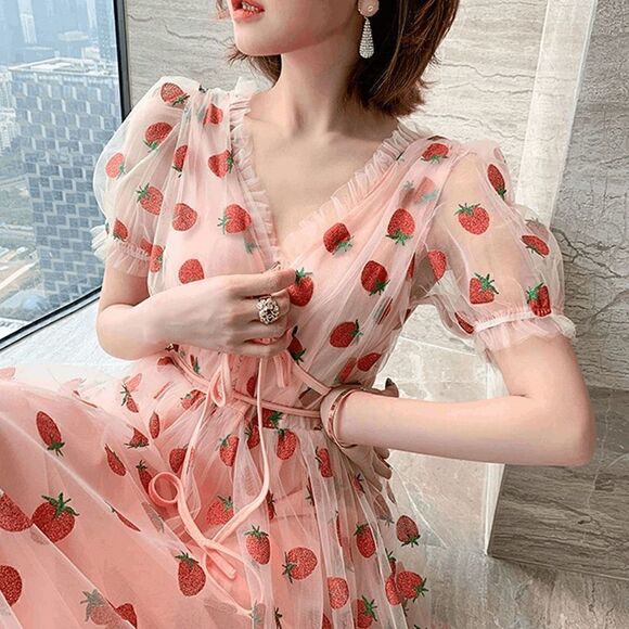 🍓 Strawberry Mesh Tulle Girly Cute Pink Puff Sleeve Glitter Midi Dress S NWT - Picture 15 of 16